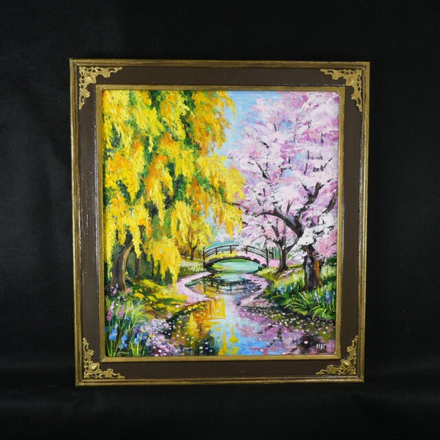 油彩画 原画 「陽だまりの庭園 〜桜とミモザの咲く日〜」 桜とミモザの