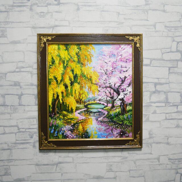 油彩画 原画 「陽だまりの庭園 〜桜とミモザの咲く日〜」 桜とミモザの