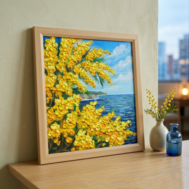 一点物】【心癒される春の景色 ～ミモザと青い海～】春の景色｜油絵