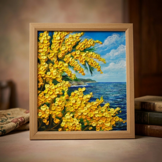 一点物】【心癒される春の景色 ～ミモザと青い海～】春の景色｜油絵