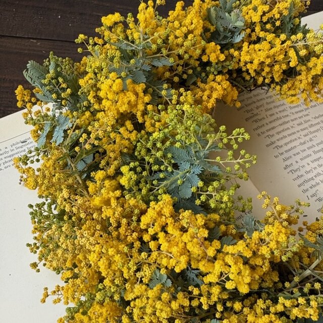 たっぷりミモザの三日月リース ボリュームに命をかけて作りました