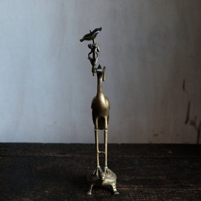 鶴と亀◇金属製三本脚蝋立て 火立て 真鍮 古民家 古道具 インテリア