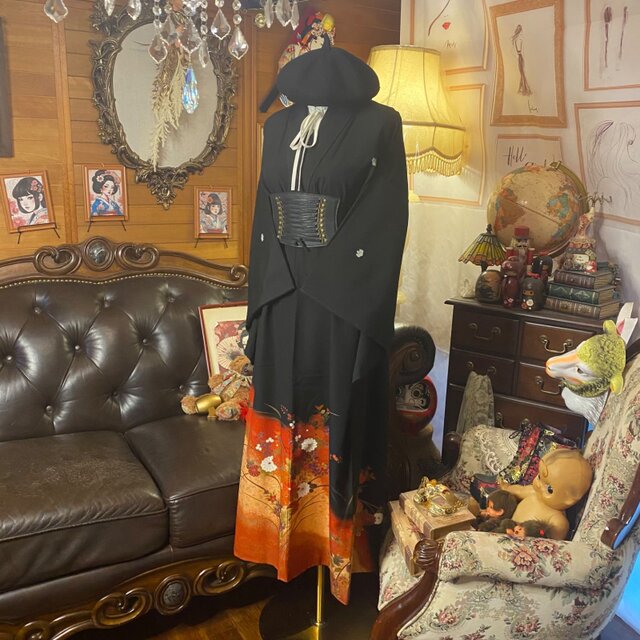 黒留袖 着物 リメイク ロングワンピース ドレス 和洋折衷 洗える 化繊