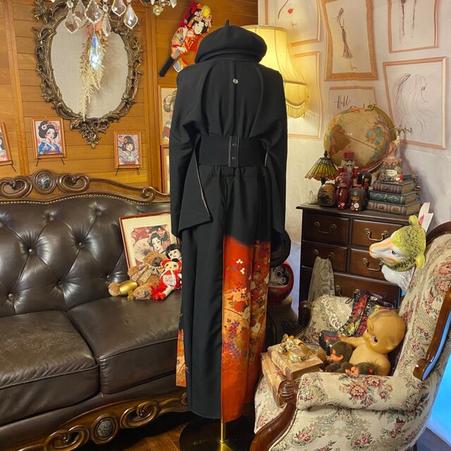 黒留袖 着物 リメイク ロングワンピース ドレス 和洋折衷 洗える 化繊