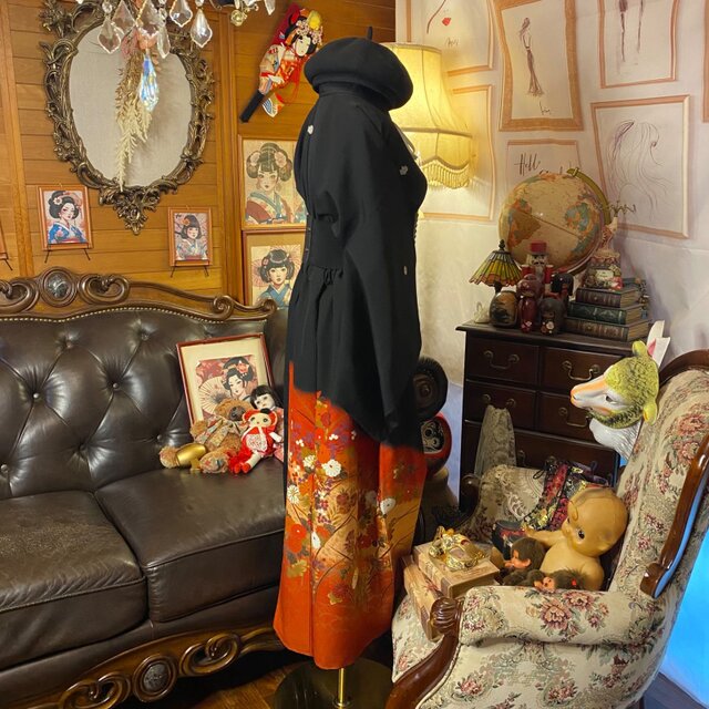 黒留袖 着物 リメイク ロングワンピース ドレス 和洋折衷 洗える 化繊