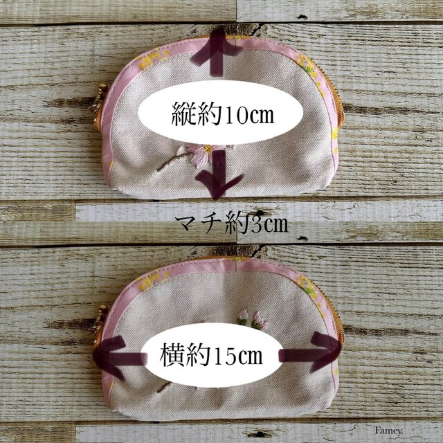 手刺繍】大人かわいい手刺繍桜とミモザのラウンドポーチ 国産帆布