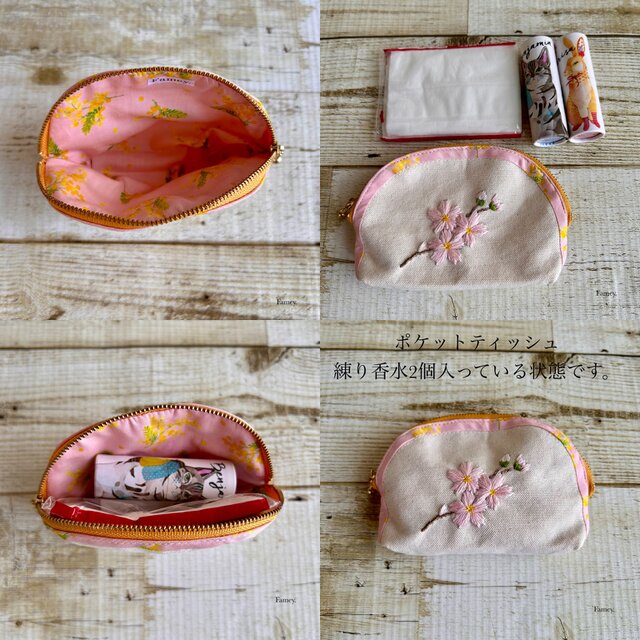 手刺繍】大人かわいい手刺繍桜とミモザのラウンドポーチ 国産帆布