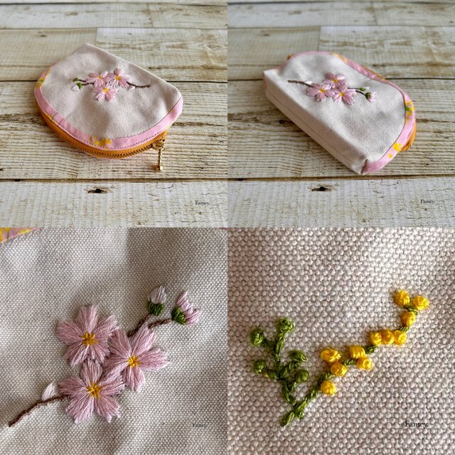 手刺繍】大人かわいい手刺繍桜とミモザのラウンドポーチ 国産帆布