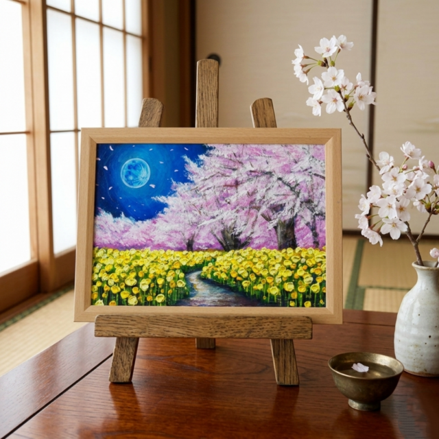 心を癒す教会アート｜月夜の照らす教会とうさぎ｜神聖な光を届ける日本画インテリア 心癒される春の夜：静寂を照らす月の光】｜油彩画 原画 絵画