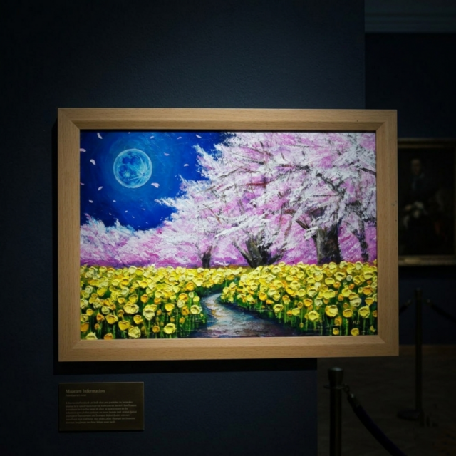 心癒される春の夜：静寂を照らす月の光】｜油彩画 原画 絵画