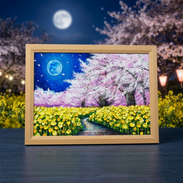 心癒される春の夜：静寂を照らす月の光】｜油彩画 原画 絵画