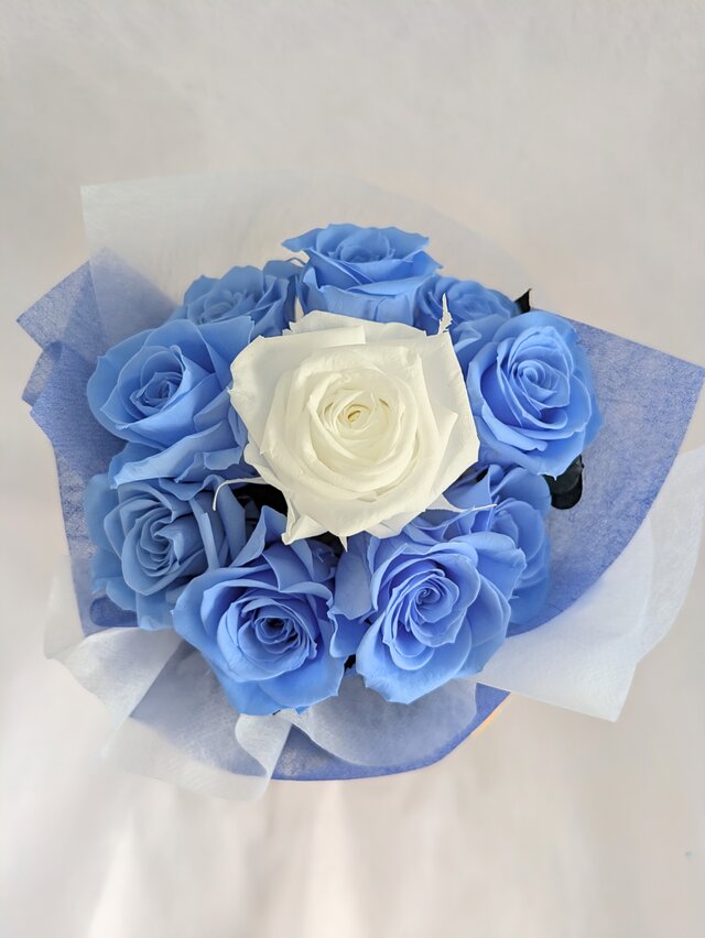 プリザーブドフラワー／空色に染まったブルーローズと白い薔薇の10輪
