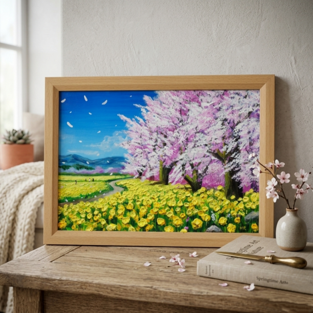 原画】油彩画「希望の花咲く春の日」 玄関やリビングを飾る花の絵