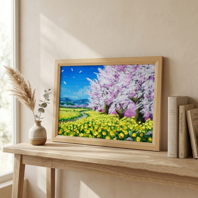 原画】油彩画「希望の花咲く春の日」 玄関やリビングを飾る花の絵