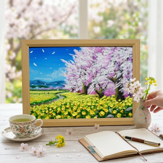 原画】油彩画「希望の花咲く春の日」 玄関やリビングを飾る花の絵