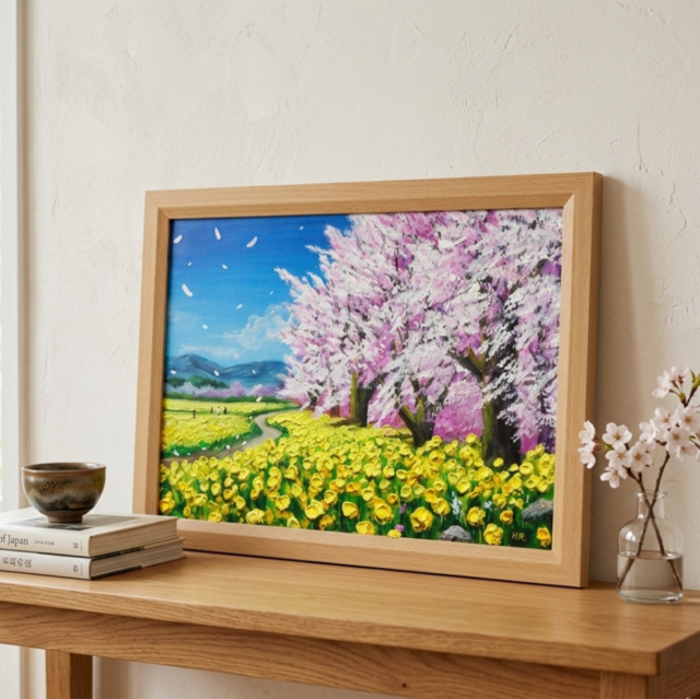 原画】油彩画「希望の花咲く春の日」 玄関やリビングを飾る花の絵