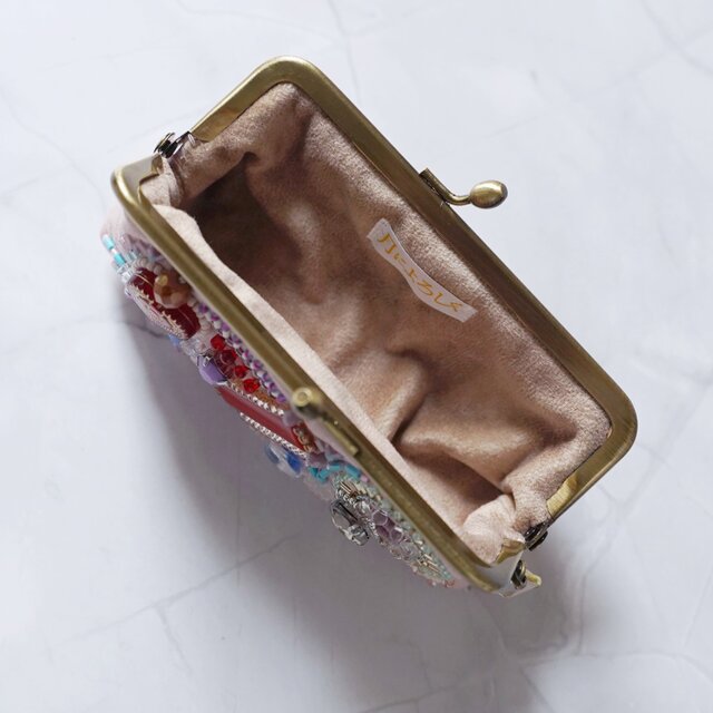 リップケース| ビーズ刺繍のがま口 No.1｜さくらピンク×ガーゼ｜口紅