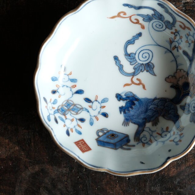 花唐草と獅子◇伊万里 染錦金彩膾皿 花唐草 青海波 深皿 骨董/antiques