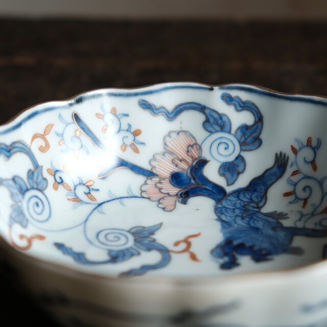 花唐草と獅子◇伊万里 染錦金彩膾皿 花唐草 青海波 深皿 骨董/antiques