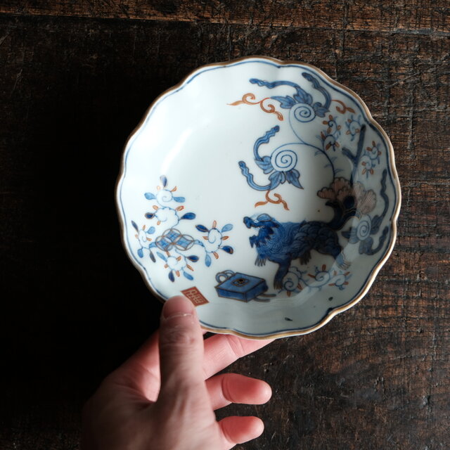 花唐草と獅子◇伊万里 染錦金彩膾皿 花唐草 青海波 深皿 骨董/antiques