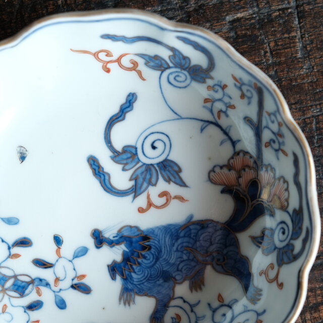 花唐草と獅子◇伊万里 染錦金彩膾皿 花唐草 青海波 深皿 骨董/antiques