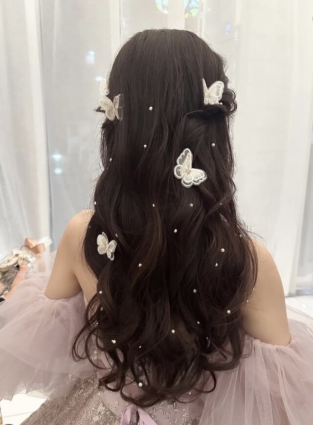 蝶々のヘアピン3本セット＊ホワイトゴールド＊ラメ刺繍の二枚羽