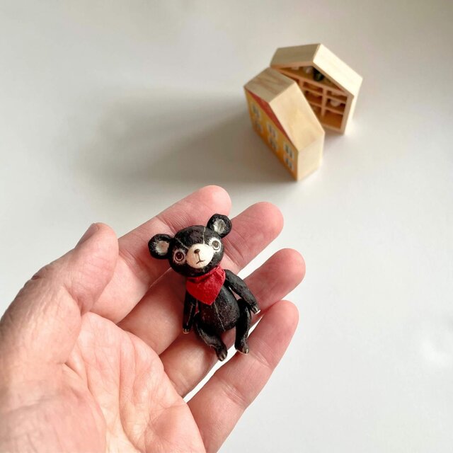 黒いちびくまちゃんとミニチュアのセット 身長5cmのミニチュアテディベア／ブラック(和紙で作った小さなくまの