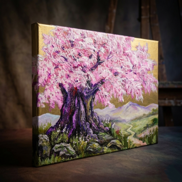 【るいるい】絵画　油絵　原画　一点物　北欧　樹　ピンク　プレゼント　SM 油絵 原画【千年の桜】春の風景画・桜の絵｜インテリア・絵画 | iichi