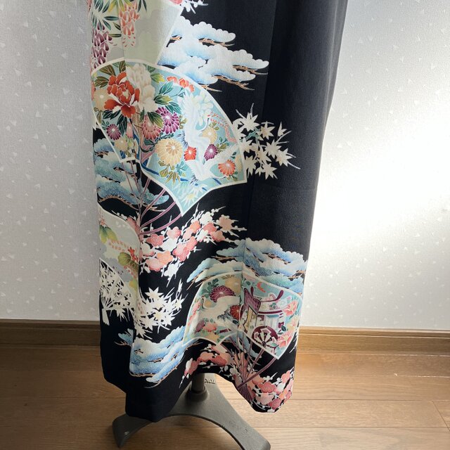 No.174 ロングワンピースM〜L11号留袖ドレス着物リメイク袖口フリル