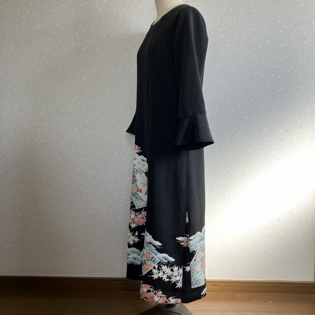 着物留め袖リメイク　ロングワンピース　Mサイズ No.174 ロングワンピースM〜L11号留袖ドレス着物リメイク袖口フリル