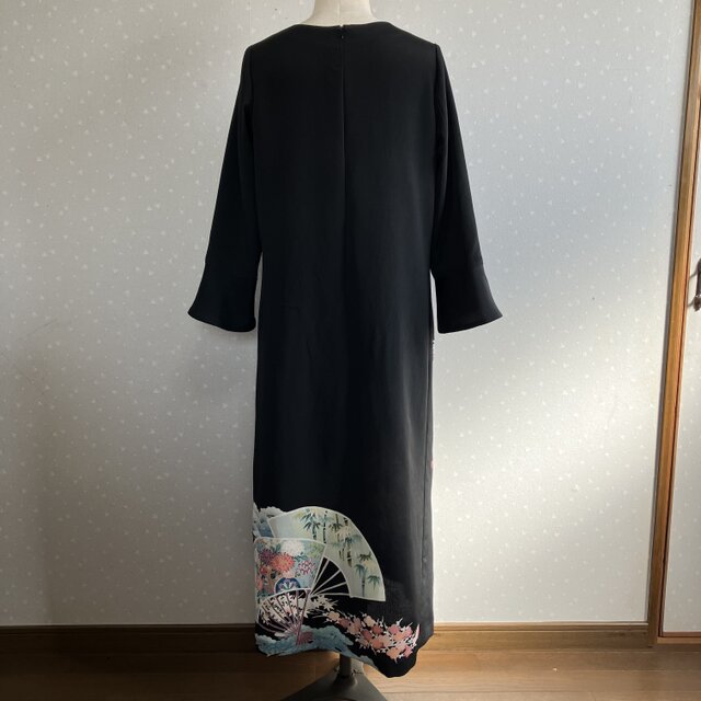 No.174 ロングワンピースM〜L11号留袖ドレス着物リメイク袖口フリル