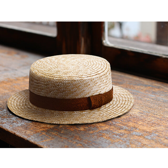 BOATER（ボーター）和柄 麦わら カンカン帽 58.5cm 絣文様ブラウン [UK