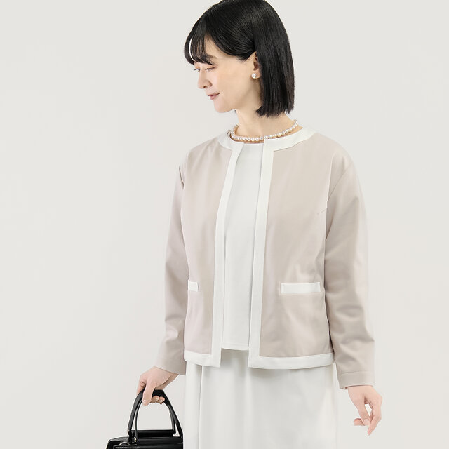 これだけで整う｜洗えるノーカラージャケット バイカラー ベージュ