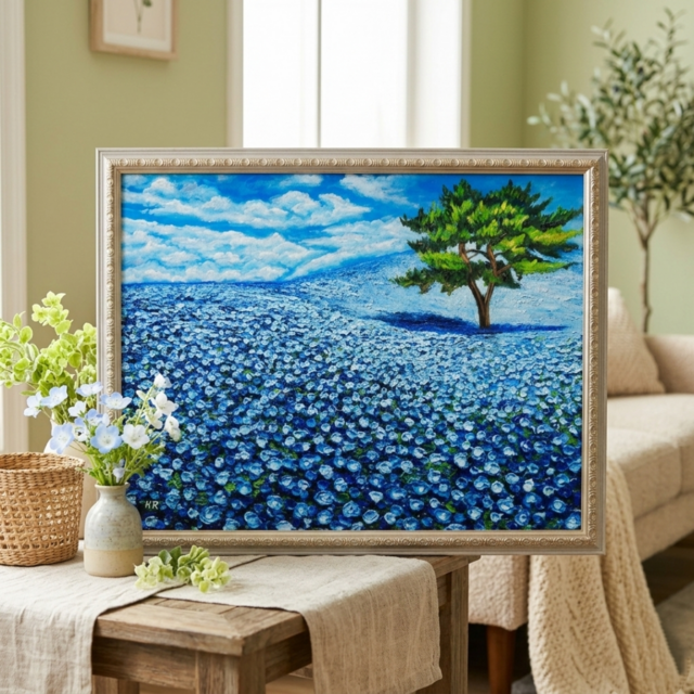 油絵 絵画 原画【幸せを呼ぶネモフィラブルー】ネモフィラ 花 青