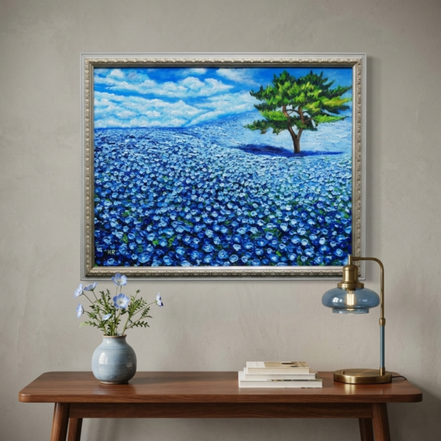 油絵 絵画 原画【幸せを呼ぶネモフィラブルー】ネモフィラ 花 青