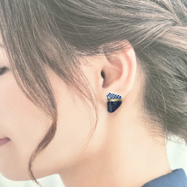ラピスラズリと染付陶片の金継ぎピアス／イヤリング｜シー陶器・一点物
