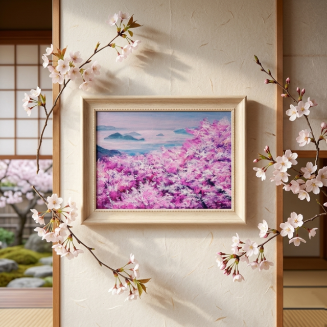 一点物】春の光を飾る。油絵原画【春の瀬戸内、淡い夢】肉筆一点物