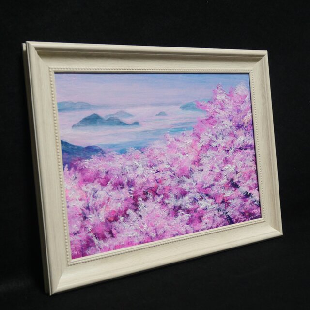 油絵 絵画【春の瀬戸内、淡い夢】桜 瀬戸内海 A4 額縁付 原画 一点物 一点物】春の光を飾る。油絵原画【春の瀬戸内、淡い夢】肉筆一点物