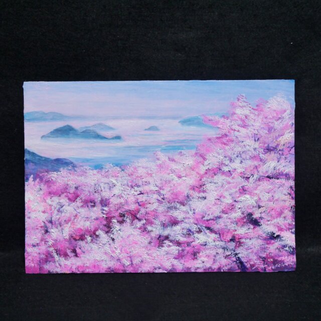 油絵 絵画【春の瀬戸内、淡い夢】桜 瀬戸内海 A4 額縁付 原画 一点物 一点物】春の光を飾る。油絵原画【春の瀬戸内、淡い夢】肉筆一点物