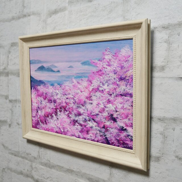 手書き油絵 春の訪れ 額付 絵画 インテリア 油彩画 一点物】春の光を飾る。油絵原画【春の瀬戸内、淡い夢】肉筆一点物