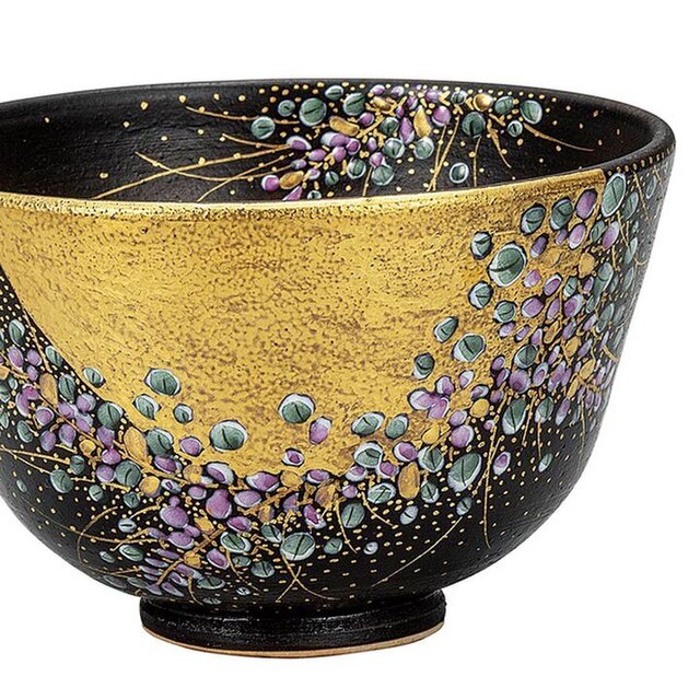 ◇新品◇ 九谷焼 色絵本金萩抹茶碗 【木箱】 1個のサイズ：径12.2×高さ