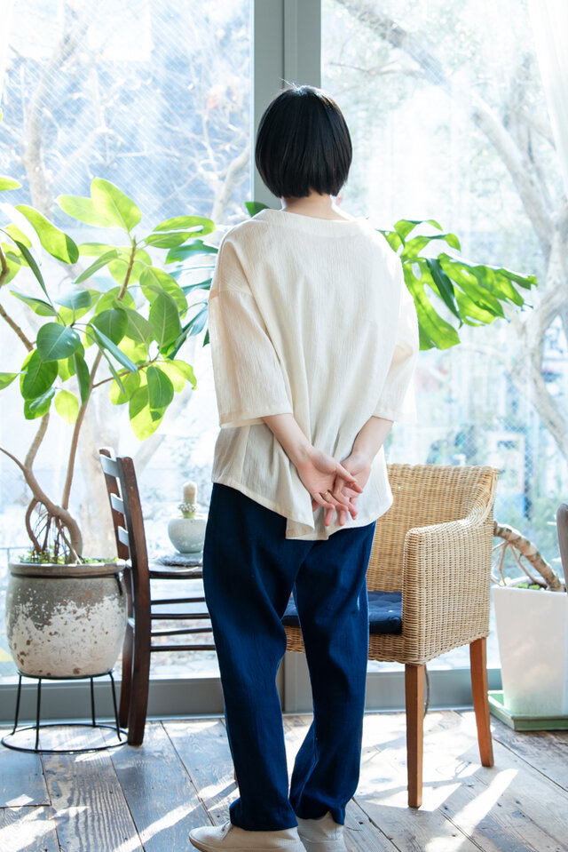 藍染】OrganicCotton楊柳生地 両サイドポケット付テーパードパンツ