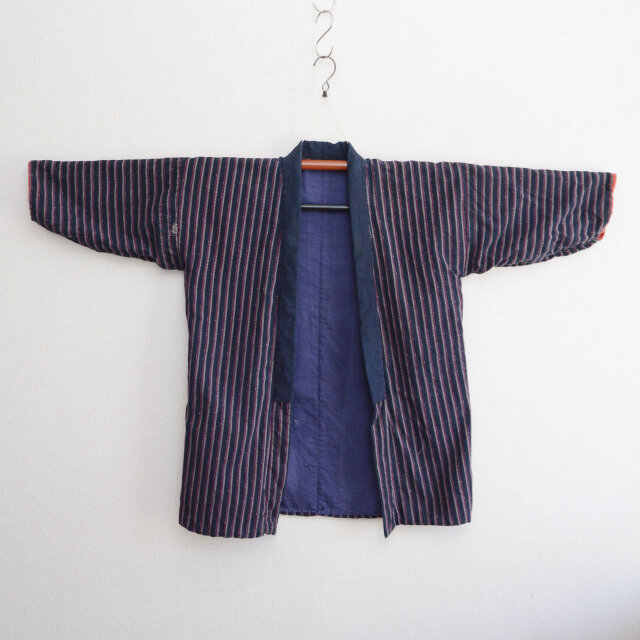 古布 藍染 縞模様 半纏 野良着 襤褸 継ぎ接ぎ 野良着 昭和初期〜中期 藍染 縞模様 木綿 古布 ジャパンヴィンテージ