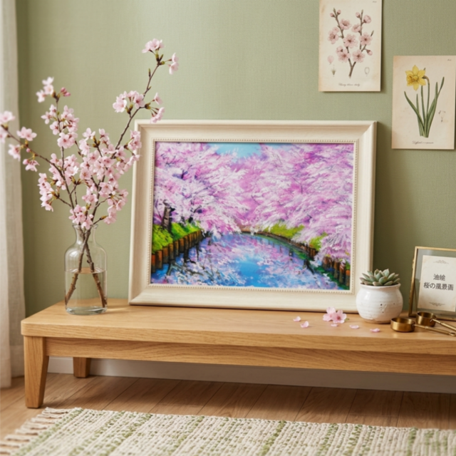 一点物 油絵 原画【春の目覚め ～水面に映る夢～】風景画 油彩画 青