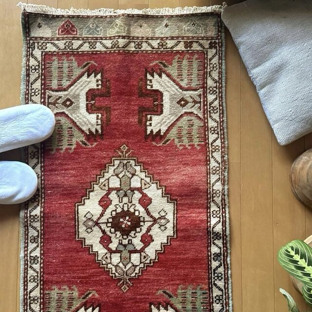 レア50×102 アンティークレッド 小さなメダリオン トルコヴィンテージ 