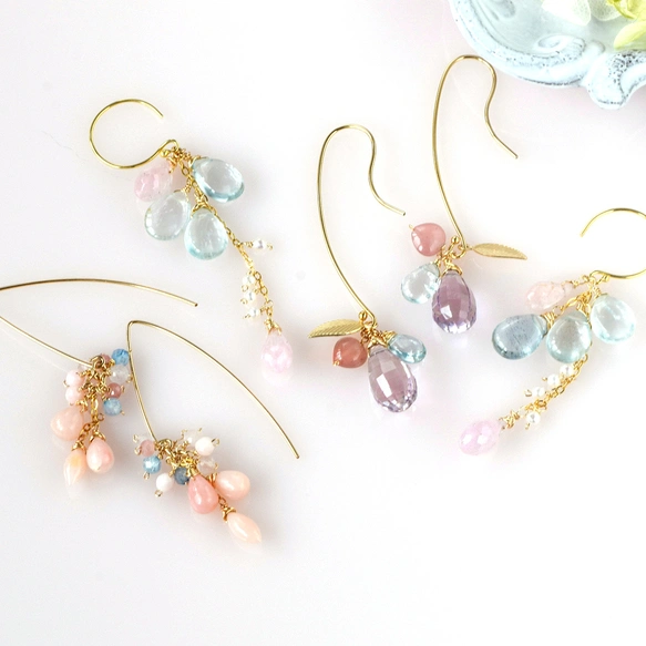 大粒アメトリンの雫ロングピアス アクアマリンとハートクォーツ