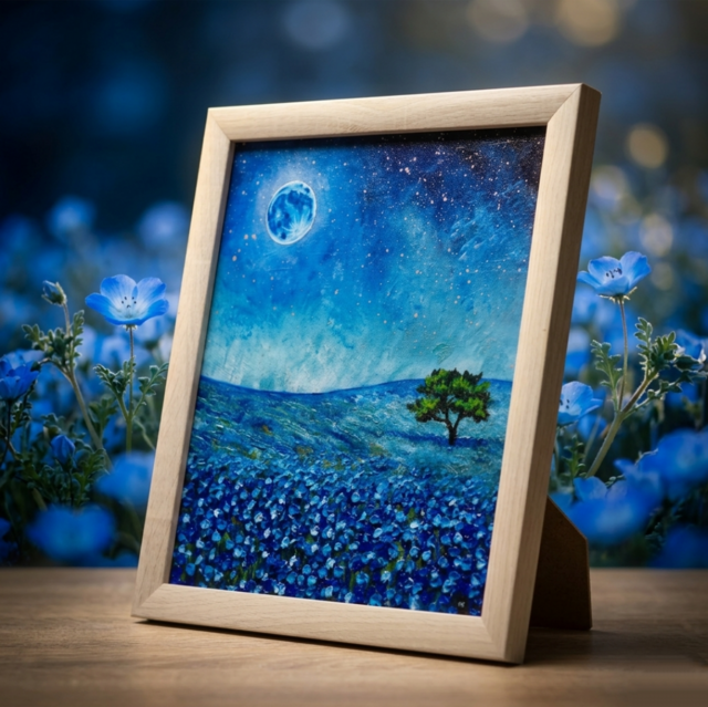 抽象画 青系の油彩画 油彩画 原画【蒼に溶ける月夜】抽象画 青 油絵 絵画 モダン インテリア