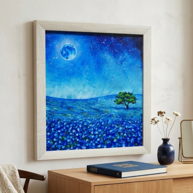 手書き油絵 ブルームーン 額付 絵画 インテリア 油彩画 原画【蒼に溶ける月夜】抽象画 青 油絵 絵画 モダン インテリア