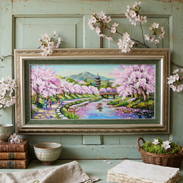 桜舞う水辺の散歩道】｜油彩画 原画 青 抽象画 モダン インテリア
