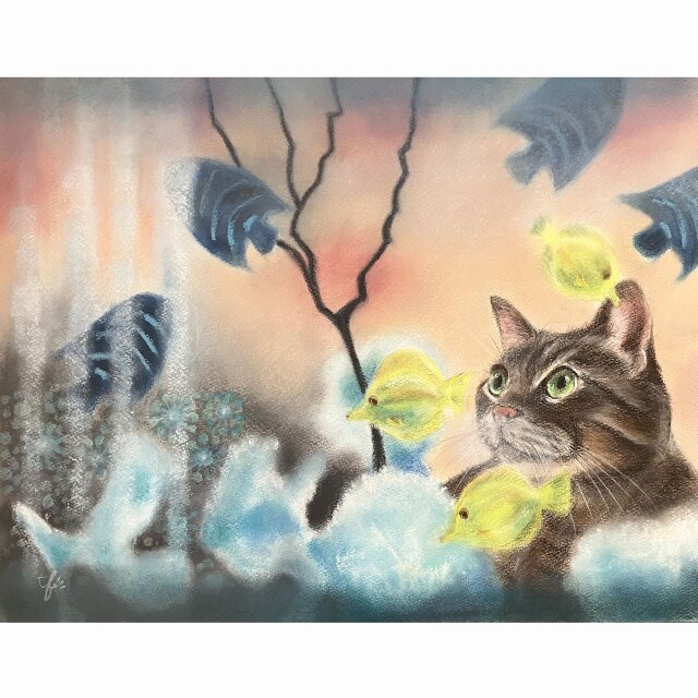 原画】『種を蒔くカドゥケウス』（猫 植物 パステル画） 【公式通販】